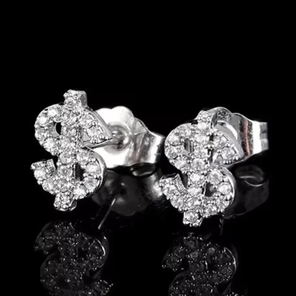 🆕 Dollar Sign Diamond Studded Earrings, 18K White Gold Hypoallergenic 🆕